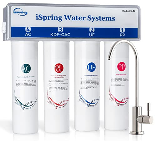 iSpring CU-A4 Ultra-Filtration Under Sink Water Filter System, Tankless 4-Stage High Capacity, Remove 99.99% Contaminants, Quick Filter Change with Chrome Faucet, White