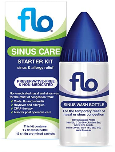 FLO Sinus Relief, Sinus Rinse Starter Kit With 12 Pre-Mixed Packets for Nasal Wash, Preservative-Free and Non-Medicated, Nose Cleaner Adult