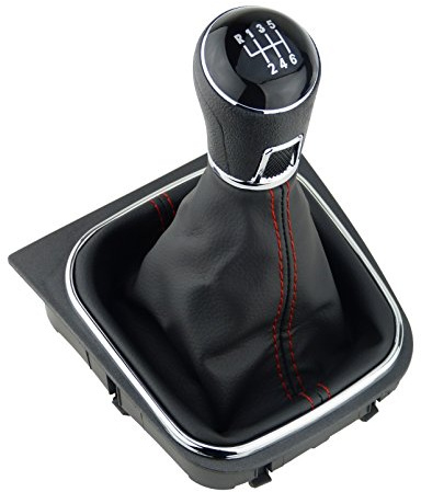 Pomo palanca de cambios y Funda palanca de cambios para VW Golf 5 6 Eos para Jetta - 6 velocidades marchas - con Marco - negro rojo - para transmisión manual - fuelle palanca de cambios - (A256-5)