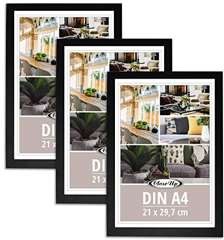 Close Up Bilderrahmen 3er Set DIN A4 schwarz - Premium MDF-Rahmen, bruchsichere Plexiglas-Scheibe - für Motive im Format 21 x 29,7 cm