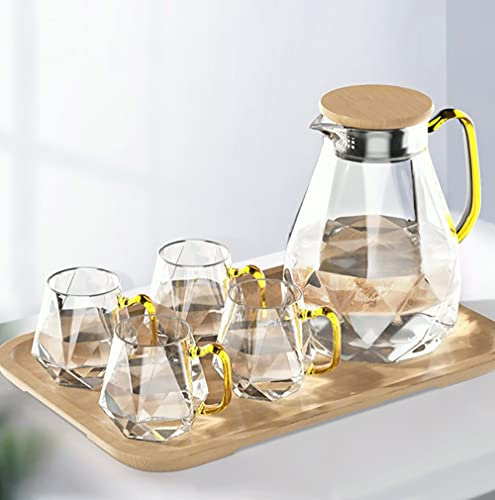 DUJUST Jarra de agua con 4 tazas, 1 bandeja, elegante jarra de vidrio con diseño de diamante con asa, decoración para habitación, jarra de alta durabilidad para máquina de té helado, jugo, café