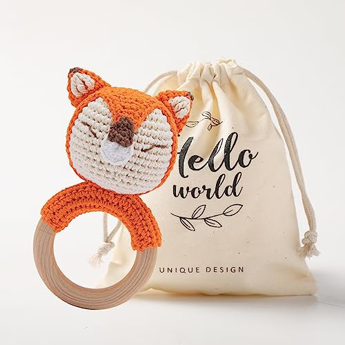 Mamimami Home Gehäkelte Babyrassel Häkeln Holz Greifling Baby Rassel Geschenk zur Geburt Handmade Junge und Mädchen,Geschenk zur Geburt(Fuchs)