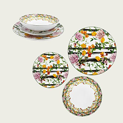 Maison Tortorà - Assiettes Service de Table de 18 assiettes coordonnées Decoro Flora en porcelaine - 6 assiettes plates - 6 assiettes creuses - 6 assiettes à dessert