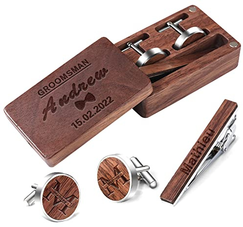 ANQIYI Krawattenklammer und Manschettenknöpfe aus Holz, personalisierbar, mit Geschenkbox, Herren, Braun