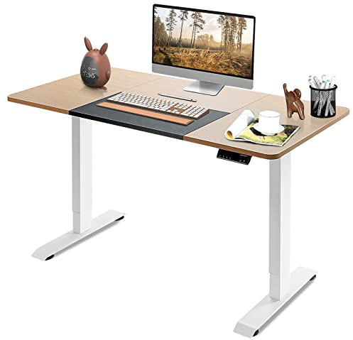 Multigot Electric Height Adjustable Standing Desk, 140 x 70cm Stand Up Table with 4 Memory Heights, Wooden Ergonomic Computer Desk for Home Office (Natural+Black+White)