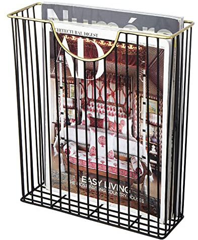 MyGift Art Deco Style Matte Black Metal Wire Magazine Rack with Brass Tone Rim - Wall Mounted Holder Storage Basket for Mail - Handcrafted in India