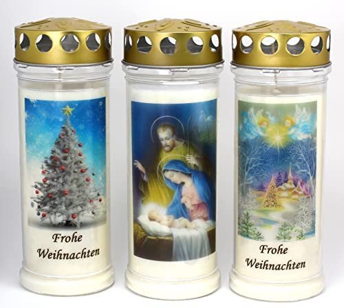 Kerzen Junglas - 3 Grabkerzen Weihnachten mit 7 Tagen Brenndauer, (3960), schöne Grablichter mit Spruch und Motiv, mit Deckel, Grabschmuck wetterfest, Trauerkerzen mit Spruch