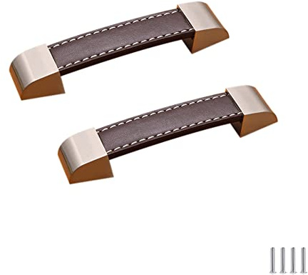 SYDARSYN 2 Stück Ledergriff Möbelgriff Griffe für Küchenschränke Antik Schrankgriff Türgriff Handgefertigter Leder Schubladengriff Möbel Küche Kommode Zieht Knöpfe Braun 96mm