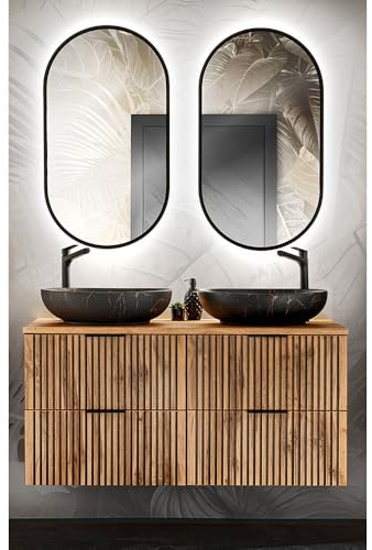 Lomadox Badmöbel Waschplatz Set 3-teilig Doppelwaschtisch Unterschränke 120 cm 2 Aufsatzwaschbecken 2 LED Spiegel anthrazit mit Eiche Nb. Rillen schwarz