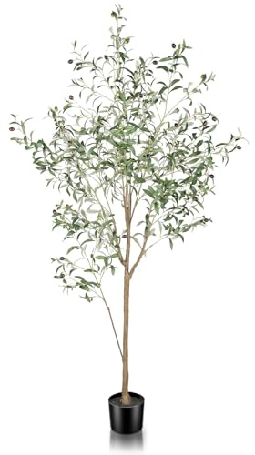 FEELEAD Olivo sintético de 6 pies – Olivo artificial para interiores con tronco de madera natural y hojas realistas de 6 pies de alto, árbol de olivo sintético para decoración del hogar, oficina e