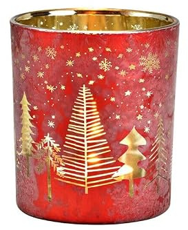 Generisch 1 Windlicht Weihnachten rot Gold, 12 cm hoch, Winterwald Weihnachten Teelichtglas