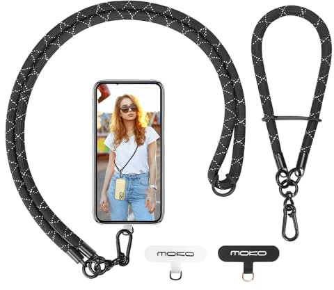 MoKo Crossbody Phone Lanyard, Adjustable Cell Phone Lanyard, Premium 8mm Thick Rope Mobile Phone Lanyard for iPhone, Samsung,and More | Phone Neck Strap×1, Wrist Strapx1, Lanyard Patch×2, Black