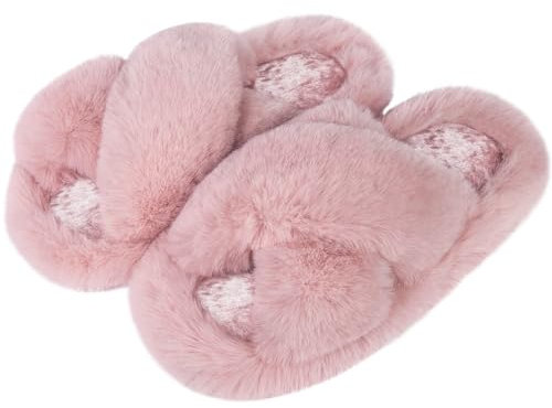 Tofflor för kvinnor, fluffiga tofflor, halkfria varma lurviga mysiga tofflor med öppen tå för flickor inomhus utomhusskor, Rosa, 36/37 EU