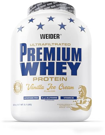 Weider Premium Whey Protein Poudre - Haute Teneur en Protéines, Faible Teneur en Glucides & Faible Teneur en Graisses avec L-Glutamine et Vitamine B6 - 2,3kg - Vanilla Ice-Cream