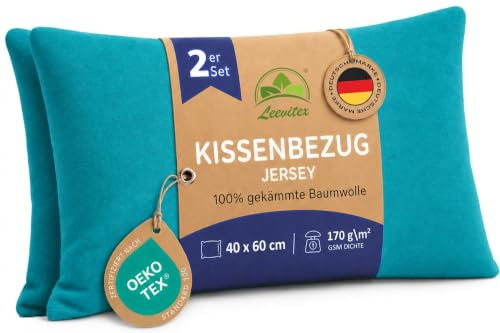 leevitex Kissenbezug 40x60cm - 2er Set - Petrol - 100% Baumwolle Jersey | Öko-Tex Zertifiziert · Nackenkissenbezug · Kopfkissenbezug & Kissenhülle · verdeckter Reißverschluss · 170 g/m²
