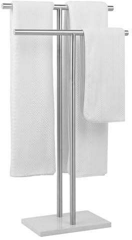 WISATO - Free Standing Towel Rack for Bathroom - Brushed Nickel Finish - Stand Alone 2 Tier Stainless Steel Towel Rack for Bathroom Floor with Heavy Marble Base, Double T Shape Drying Stand for Towels