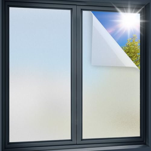 Windimiley Fensterfolie Blickdicht von Aussen, Selbsthaftend Sichtschutzfolie Fenster 44,5 x 200 cm, Sonnenschutz Milchglasfolie Statisch Haftend UV-Schutz Matt Glasfolie Für Zuhause und Büro