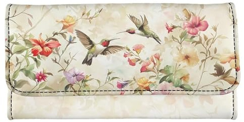 Kuiaobaty Kolibri-Blumen-Portemonnaie aus PU-Leder mit mehreren Kartenfächern, ländliche Vögel, Blumenmuster, Damen, Reißverschluss, lange Geldbörse mit Bargeldfach, Malerei Vögel Blumen, Casual