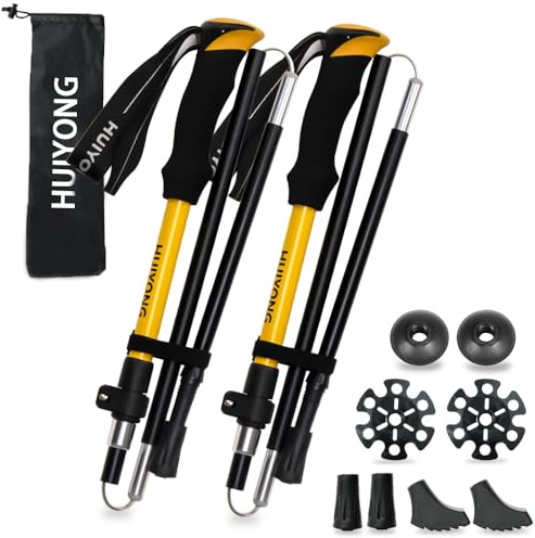 HUINING Bastones de Senderismo Plegables Telescópicos para Hombre y Mujer - Marcha Nórdica, Trekking, Ultraligeros de Aluminio Con Accesorios, 115-135 cm, Amarillo