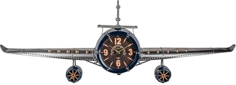 formano Metall Wanduhr Flugzeug 142x46 cm 3D Metall Uhr Grau-Blau XXL Wohnzimmer Dekoration Vintage Flugzeug-Deko |Quarzuhrwerk Handgefertigt Clock Groß