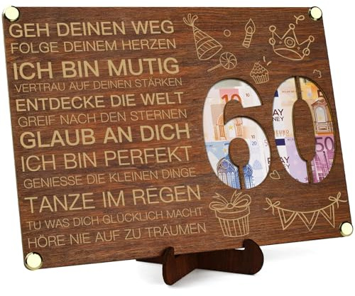 Inspirierende 60. Geburtstag Geldgeschenke Holz Mit Karte, Motivationsgeschenke Für Mann Frau, Geschenkverpackung Mit Sprüchen Positiv (60)