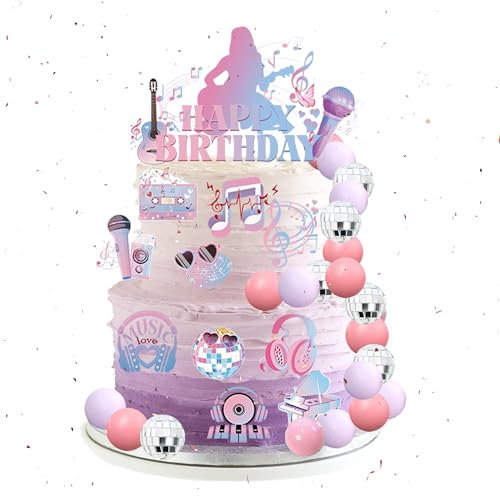Singer Birthday Decorations Cake Topper - 28 Piece Pink Cake Decoration with Music Superstar Happy Birthday Cake Topper Guitar and Disco Cupcake Decor for Music Fans Girls