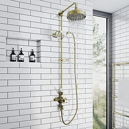 ENKI SH0629 Downton Thermostatic Rigid Riser Kit, Antique Brass, Rainfall | Solid Brass, 10-Year Guarantee, Swivel Spout, Easy Install, Fittings Included, Rainfall Shower Head, Handset & Hose, Bathroom