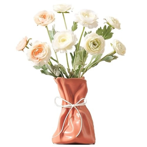 Blumenvase Vase aus Papiertüte, Blumenvase aus Keramik, einzigartiges Grab-Crinkle-Design, dekorative Vasen for Moderne Wohndekoration, Hochzeit(Orange)