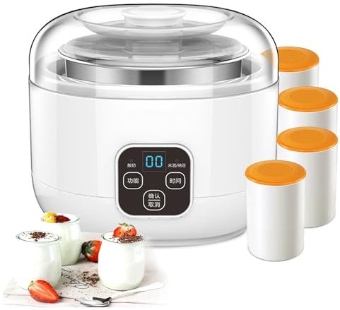 Yogurtera, máquina de Yogur compacta de 1 litro con Control de Temporizador, Revestimiento de Acero Inoxidable de 1 litro y 4 Tazas, Control de Temperatura Constante para Yogur, Yogur Griego