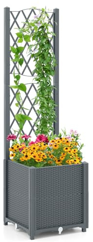 RELAX4LIFE Jardinière Surélevé avec Treillis 140CM avec 2 Bac à Fleurs, Disque Auto-Arrosant, Trous de Drainage pour Plantes Grimpantes Légumes Fleur pour Jardin Terrasse Balcon (Gris,40x40x140cm)