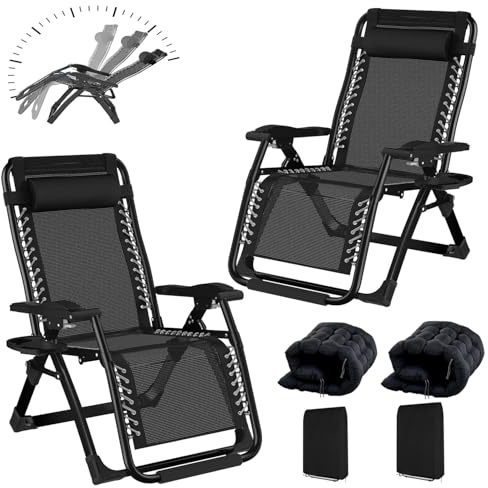 BYYBOU Sdraio da Giardino Pieghevole e Imbottito, Poltrona da Esterno Basculante, Sedie da Giardino Comode, Sedia Sdraio da Esterno per Casa e Spiaggia Sedia Reclinabile da Terrazzo Nero-65cm(2 set)