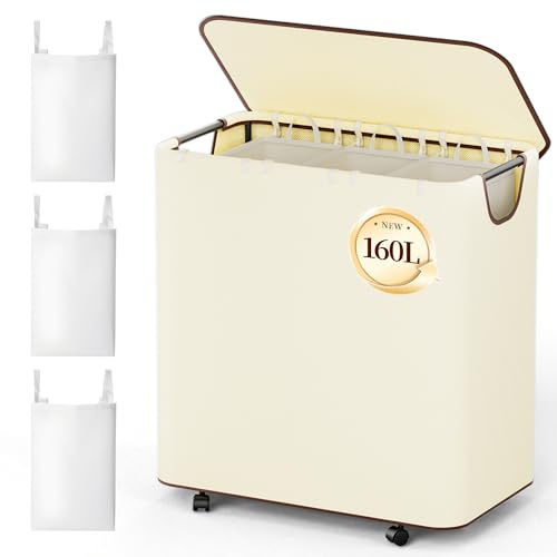 LAMU Wäschekorb 3 Fächer, Wäschesammler 160L Wäschekorb mit Deckel, 3 Fächer und 5 Wäschesack Herausnehmbar, Schnellaufbau, Wäschesortierer für Badezimmer, Schlafzimmer, Wäschekammer, Grau