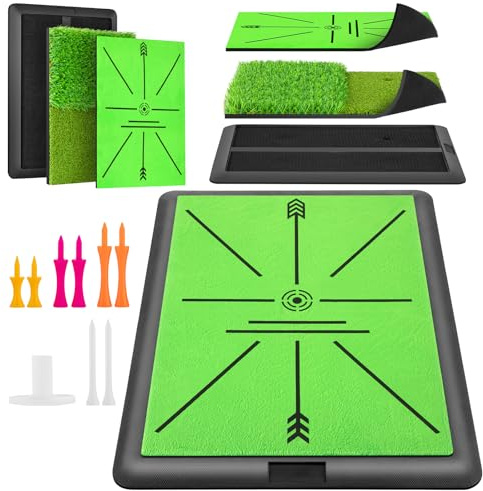 Golf Hitting Mat, Golf Mats Practice Outdoor Indoor for Swing Path Feedback Detection Batting, 16.54'' x 12.6'' Artificial Dual Turf Golf Mat with Tees for Training, Driving, Chipping