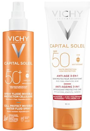 Vichy Cell Protect Spray SPF50+ 200 ml + Anti-Aging Gesichtscreme SPF50 50 ml | Kompletter Sonnenschutz mit Anti-Aging-Wirkung, wasser- und schweißbeständig