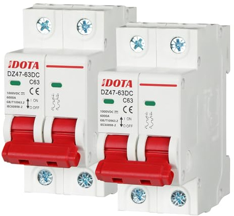Idota Pv Sicherungsautomat 2pcs, DC 1000V 63A 2 Polig DZ47-C63 DC | Trennschalter Pv Anlage, Solar Leitungsschutzschalter, Solar Trennschalter Schutzluftschalter,Schutzschalter für Photovoltaik
