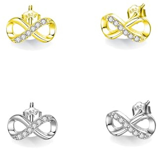 HinDaLi 2 Paires Boucles d'oreilles Infini Argent 925 pour Femme Fille | Clous d'oreilles Argent Zirconium Petite Boucles d'oreilles Femme Or Symbole Infini Bijoux Cadeau