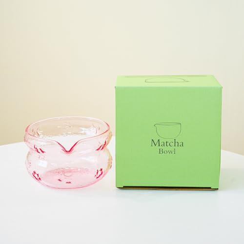 YlobdolY Cuenco de cristal para matcha con boquilla de vertido, cuenco tradicional hecho a mano con patrón de pajarita de vidrio transparente japonés para mezclar té matcha con caja de regalo para