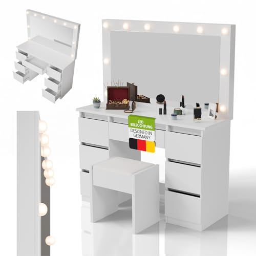 Juskys Schminktisch Lilia mit LED-Spiegel & Hocker Melly, individuelle Lichteinstellung, 7 Schubladen, viel Stauraum, modernes Design, kompakt & pflegeleicht — Weiß