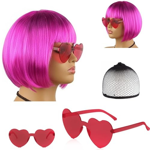 Pink Kurz-Bob Perücke + Herz-Sonnenbrille Set (80er Style) - Flacher Pony & Neon Effekt für Karneval, Cosplay & Halloween - Damen Kostümzubehör mit Brille