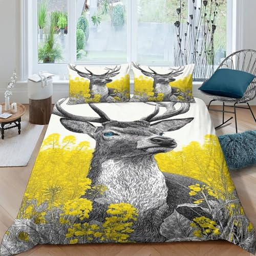 kaiyun Deer Duvet Cover 3D Print Microfibre Bedding Sets, 3 Piece Printed Quilt Covers With Pillow Cases,Rapeseed Field Comforter Cover for Kids Adult Double（200x200cm）