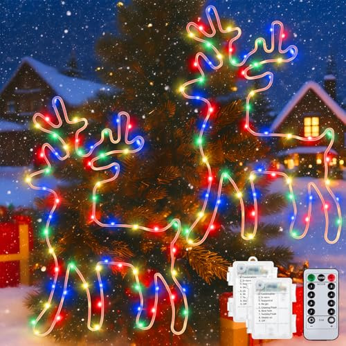 Beleuchtet Rentier Weihnachtsdeko, 2 Stück 120 LED Bunt Fenster Beleuchtung Lichterketten, 8 Modi Mit Timer & Fernbedienung, Weihnachten Deko für Party Garten, Vorhang, Balkon (Mehrfarbig)
