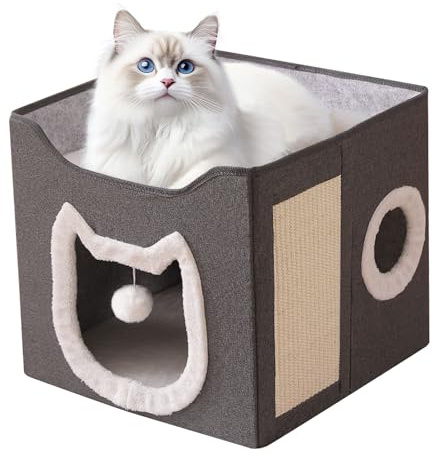 Casa para Gatos Interior,Refugio Plegable para Mascotas | Cueva Acogedora Grande de 2 Niveles con Rascador y Bola para Perros Gatos Hogar Interior Exterior Invierno