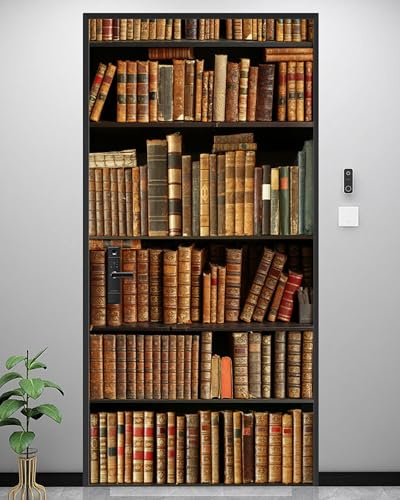 One-Piece Vintage LibraryDoor Mural - Peel and Stick Door Decal Sticker, Self-Adhesive Removable (36x 80), Antique Books Design