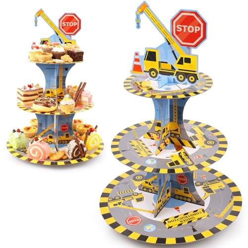 fengxuanwl Bauthema Cupcake Ständer, Karton Tortenständer, 3 Stöckiger Cupcake Turm, Wiederverwendbar Torten Etagere für Kinder Geburtstagsparty, Babypartys, Versammlungen