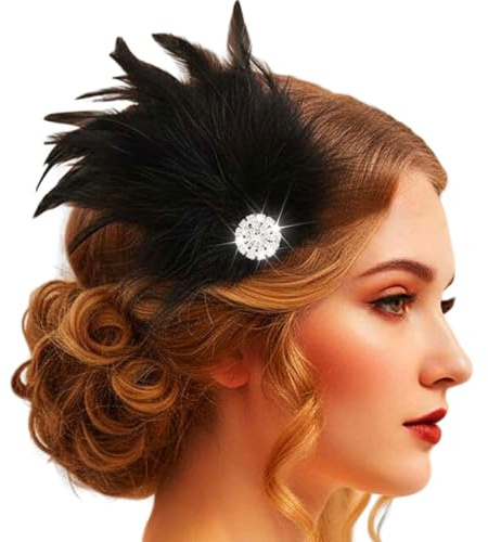 Evlry 1920er Jahre Feder-Stirnband, schwarzer Fascinator Haarband Teeparty-Kostüm Haarschmuck für Damen