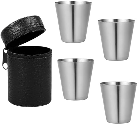 BOBITALK 4 Stück Schnapsbecher Edelstahl，Edelstahlbecher,Tragbar Flachmann Metallbecher,Trinkbecher Edelstahl,Stapelbare Schnapsbecher mit 1 Leder-Taschefür Camping,Picknick,Wandern(30ml)