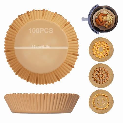 Airfryer Liners, Airfryer Paper Liners Disposable, Air Fryer Accessories, Non-Stick Airfryer Liners, for Baking & Cooking Grease Proof Multiple Air Fryer(100PCS-Circle: Bottom Diameter 16cm/6.3in)