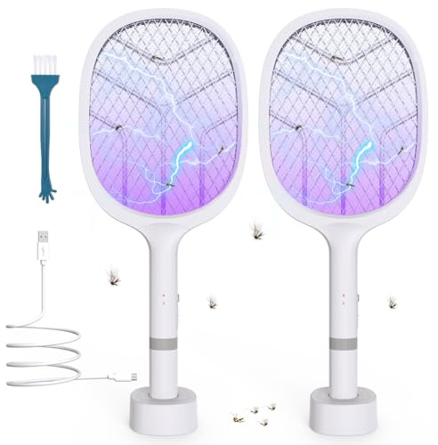 Raquette Electrique Insectes 4800V, Raquette Anti Moustique Électrique 2 en 1 avec Lumière UV, Rechargeable USB-C 2000mAh, Tapette Électrique Anti Mouches pour Maison Chambre Camping