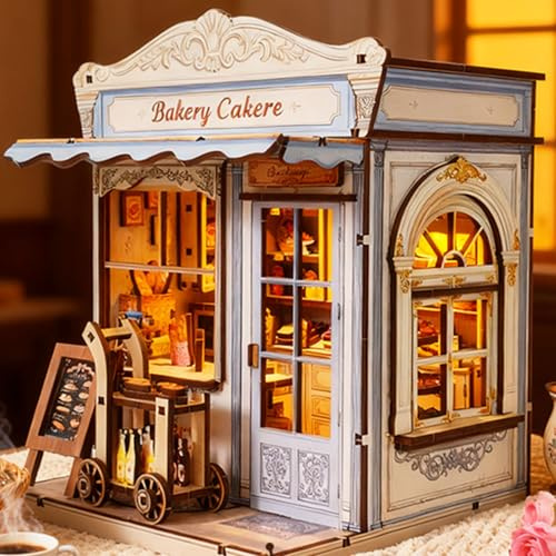 Book Nook Kit, DIY Puppenhaus Häuser Miniatur Backstube Für Bücherregal Deko, Booknook Mit Licht Für Erwachsene, 3D Holz Puzzle Buchstütze Beleuchtet, Miniatur Haus Bastelset, Mini House (Bäckerei)