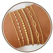 TINGN 6 Stück Goldene Armbänder Set für Damen Wasserdichte 14 Karätig Vergoldete Schmucksets Zierliches Stapelbares Armbandset mit Kubanischen Gliederketten und Büroklammern Geschenk für Frauen